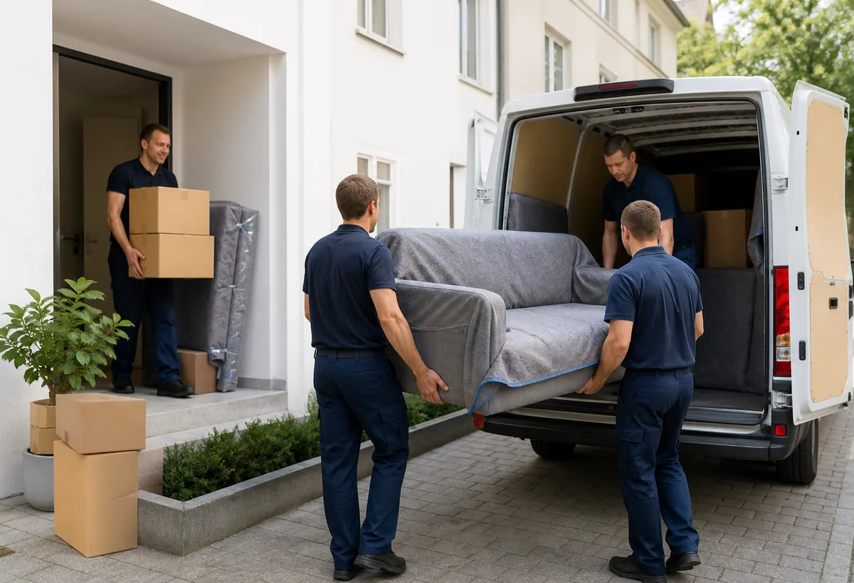 Transportteam transportiert Sofa und Kartons in einen Lieferwagen