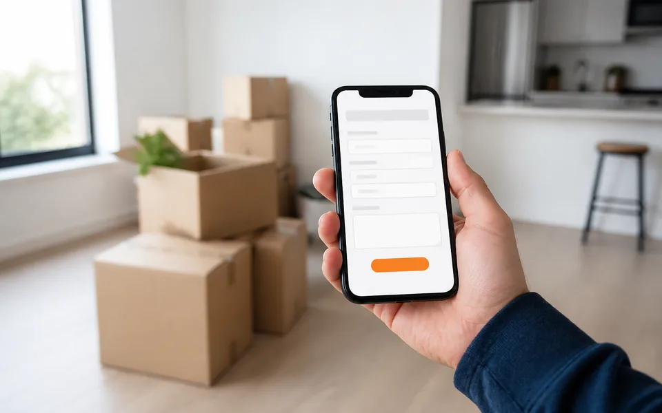 Anfrage per Smartphone mit Transportkartons im Hintergrund